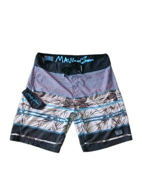 Maui and Sons Black, Blue and Gray Tropical Stripe Board Shorts Mens 32